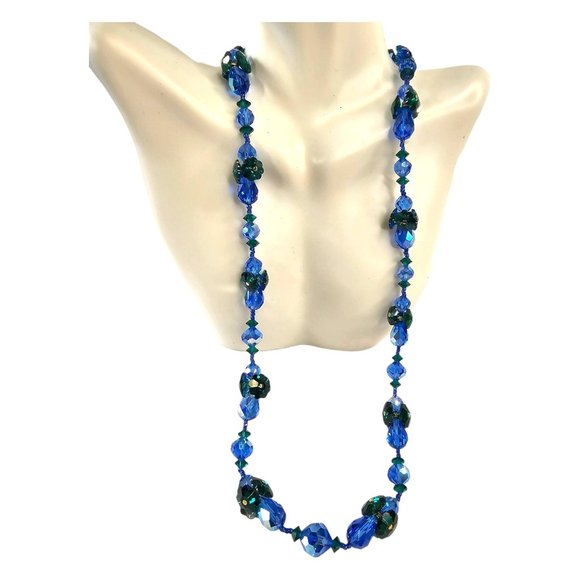 Vintage Designer Signed Vendome Aurora Borealis Crystal Necklace 24" Blue Green - Picture 1 of 8